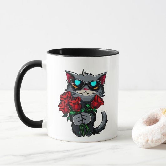 Coole Katzen mit Rote Rosen Blume Brille Liebe Tasse (Mit Donut)