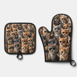 Coole Katzen mit Sonnenbrille Ofenhandschuh & Topflappen-Set