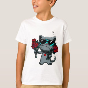 Coole Katzenbrille halten Rose schwarze Sterne T-Shirt