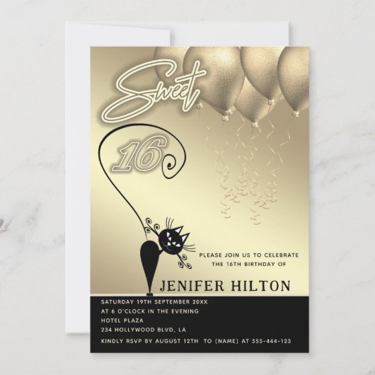 Coole Katzenkatze, schwarzer Goldballon, süß 16 Einladung (Vorderseite)