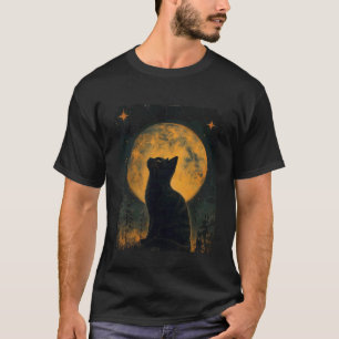 Coole Kunst Grafik schwarze Katze mit Mond T-Shirt