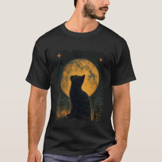 Coole Kunstgrafik schwarze Katze mit Mond T-Shirt