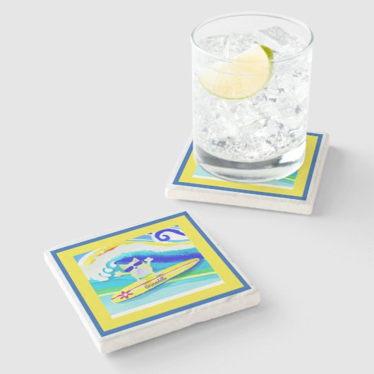 Coole Küstenstrandvibes Surfer Cat Name Steinuntersetzer (Seitenansicht)