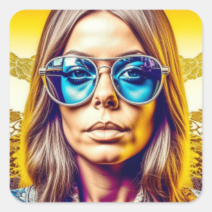 Coole Lady in Blauer Sonnenbrille Quadratischer Aufkleber