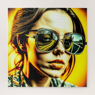Coole Lady in Sonnenbrille Reflektion einer Straße Puzzle