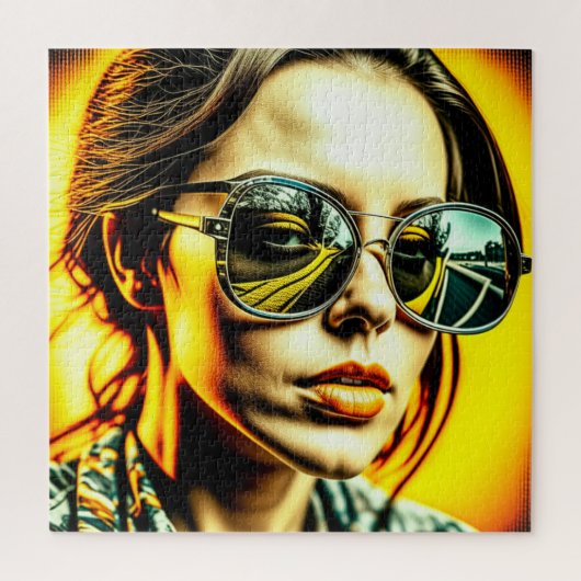 Coole Lady in Sonnenbrille Reflektion einer Straße Puzzle (Vertikal)