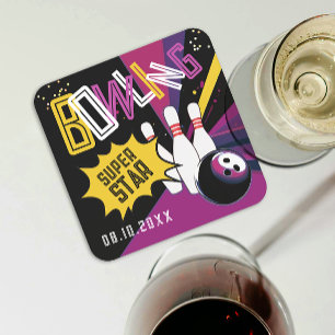 Coole Lila rosa Gelbe Streifen Bowling Star Button Rechteckiger Pappuntersetzer