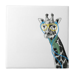 Coole lustige trendy Giraffe mit Brille, Ohrhörer Fliese