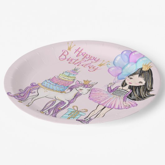Coole Mädchen und Einhorn Prinzessin Moderne Gebur Pappteller (Schrägansicht)