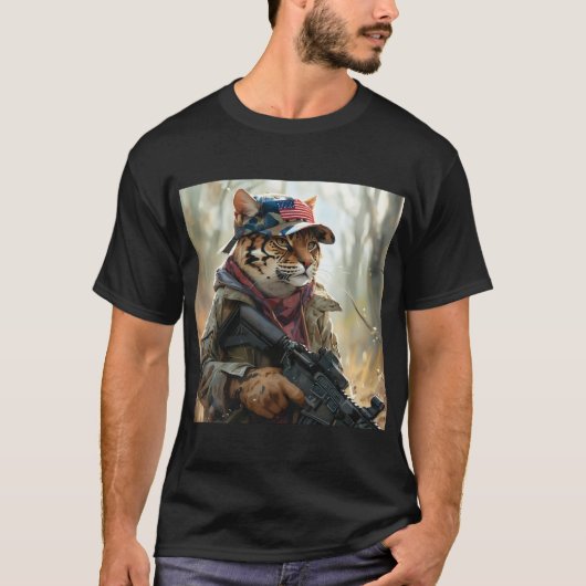 Coole MAGA Big Cat mit Gun und Camouflage AMERICA T-Shirt (Vorderseite)