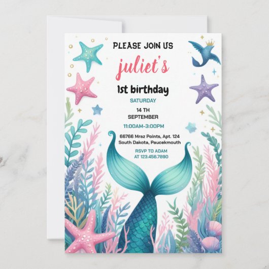 coole Meerjungfrau 1. Geburtstag Einladung (Vorderseite)