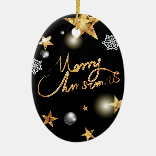 Coole Metallic Gold Black Stars Merry Xmas Script Keramik Ornament (Vorne)