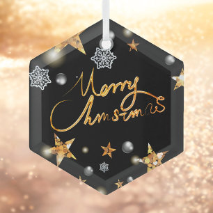 Coole Metallic Gold Black Stars Merry Xmas Script Ornament Aus Glas