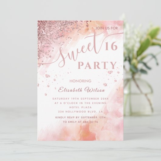 Coole moderne Diamant Luxus Rose Gold süß 16 invi Einladung (Stehend Vorderseite)