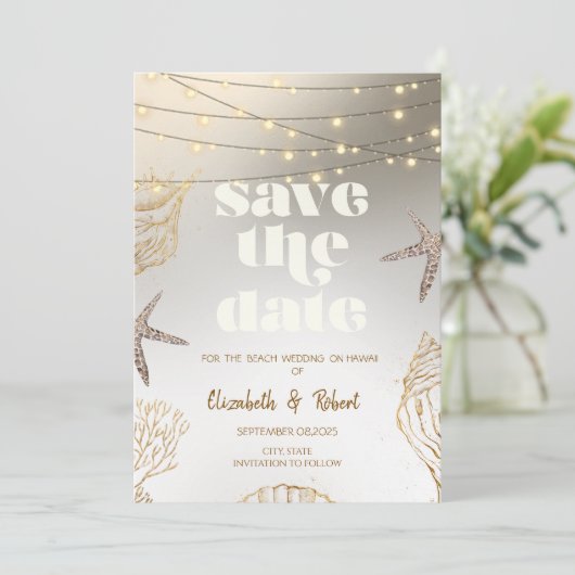 Coole Muscheln am Strand, Lichter Save the Date (Stehend Vorderseite)