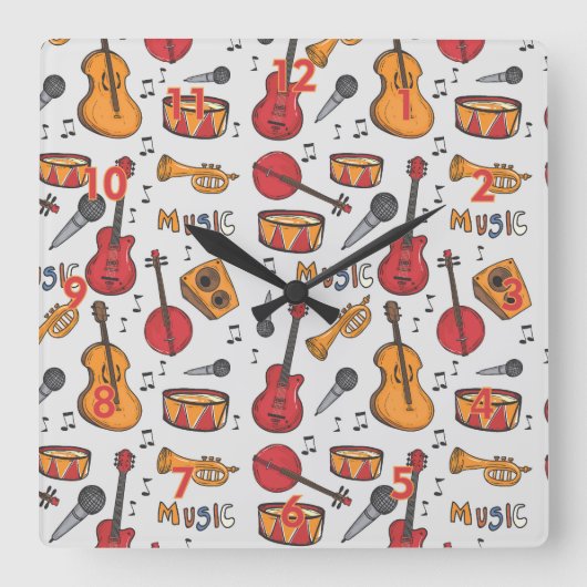 Coole Musik Themenbanjo Drums Gitarre Geige mehr Quadratische Wanduhr (Vorderseite)