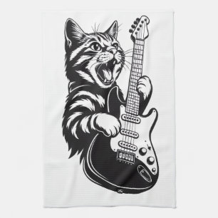 Coole Musikliebe Rockkatze spielt elektrische Gi Geschirrtuch