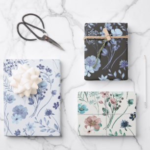 Coole Pastell Blau & Creme Rustikale Blume Geschenkpapier Set