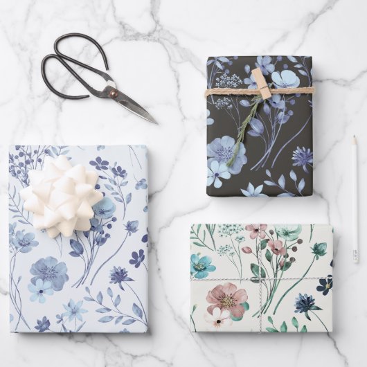 Coole Pastell Blau & Creme Rustikale Blume Geschenkpapier Set (Vorderseite)