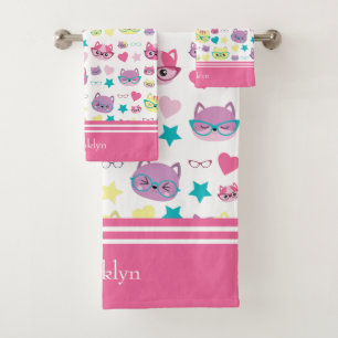Coole Pastell-Katzen mit Glasmuster, rosa Badhandtuch Set