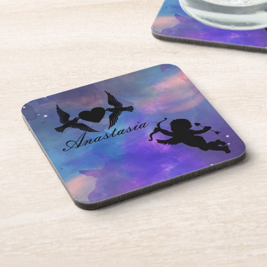 Coole, Phantastische, lila Vögel, weißes Herz und Getränkeuntersetzer (Linke Seite)