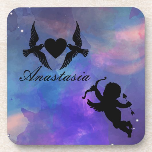 Coole, Phantastische, lila Vögel, weißes Herz und Getränkeuntersetzer (Vorderseite)