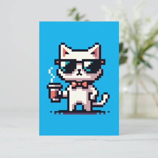 Coole Pixel Cat mit Kaffee - 8-Bit Retro Feline Karte (Stehend Vorderseite)