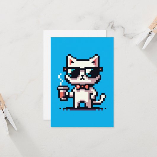 Coole Pixel Cat mit Kaffee - 8-Bit Retro Feline Karte (Vorderseite/Rückseite Beispiel)
