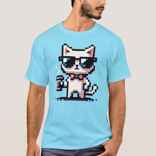 Coole Pixel Cat mit Kaffee - 8-Bit Retro Feline T-Shirt (Vorderseite)