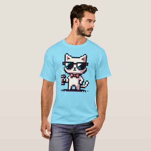 Coole Pixel Cat mit Kaffee - 8-Bit Retro Feline T-Shirt (Vorne ganz)