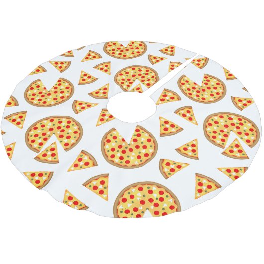 Coole Pizzas und Schnitte auf Weiß Polyester Weihnachtsbaumdecke (Schrägansicht)