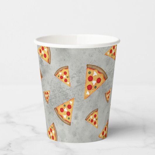 Coole Pizzaslicen, Vintage Graumuster Pappbecher (Links)