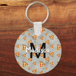 Coole Pizzastücke vintage graues Muster Monogramm Schlüsselanhänger