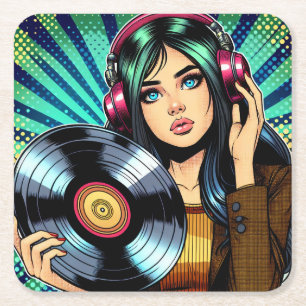 Coole Pop-Art-Comicstil-Girl mit Vinyl-Album Rechteckiger Pappuntersetzer