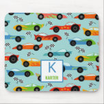 Coole Rennwagen Personalisiert Kinder Mousepad<br><div class="desc">Cooles Rennen Autos Personalisiert Kindermuster. Seitliche Sicht auf sportliche Autos, Rennfahnen.</div>