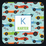 Coole Rennwagen Personalisiert Kindergarten Kinder Quadratischer Aufkleber<br><div class="desc">Cooles Rennen Autos Personalisiert Kindermuster. Seitliche Sicht auf sportliche Autos,  Rennfahnen. Aufkleber für Schulen oder Tagesstätten.</div>