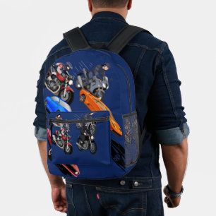 Coole Rennwagen Print Blau Rucksack, Schnelle Aut Bedruckter Rucksack