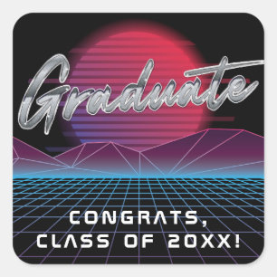 Coole Retro-80er-Synthwave-New-Wave-Abschlussfeier Quadratischer Aufkleber