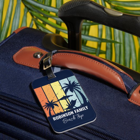 Coole Retro Beach Trip Custom Navy Blue Palm Bäume Gepäckanhänger (Vorderseite Insitu 1)