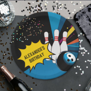 Coole Retro-Blau-Schwarze Bowling-Kegel-Geburtstag Pappteller