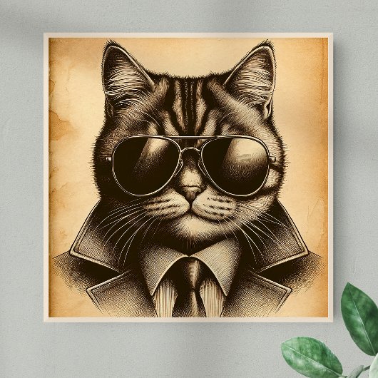 Coole Retro-Katze in Aviator-Sonnenbrille, Sepia Poster