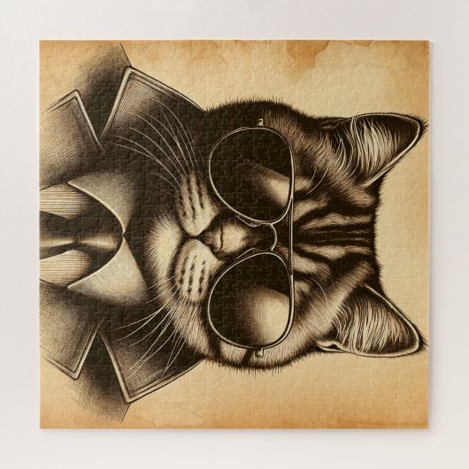 Coole Retro-Katze in Aviator-Sonnenbrille, Sepia Puzzle (Horizontal)