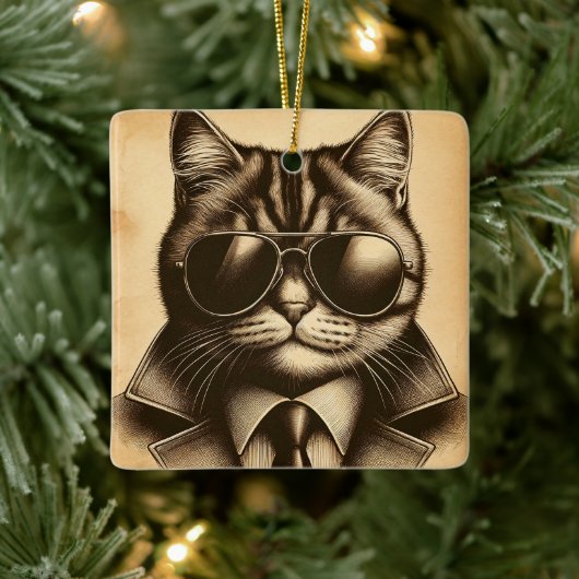 Coole Retro Katze in Aviator Sonnenbrille Weihnach Keramikornament (Baum)