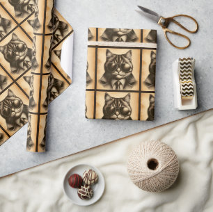 Coole Retro-Katze in Pilotenbrille, Sepia Geschenkpapier