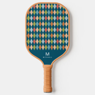 Coole Retro-Raute Diamanten Aquamarin Monogramm Pickleball Schläger