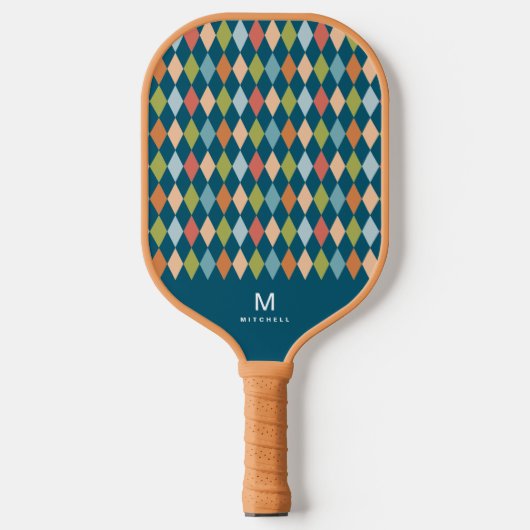 Coole Retro-Raute Diamanten Aquamarin Monogramm Pickleball Schläger (Vorderseite)
