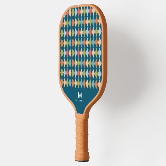Coole Retro-Raute Diamanten Aquamarin Monogramm Pickleball Schläger (Links)