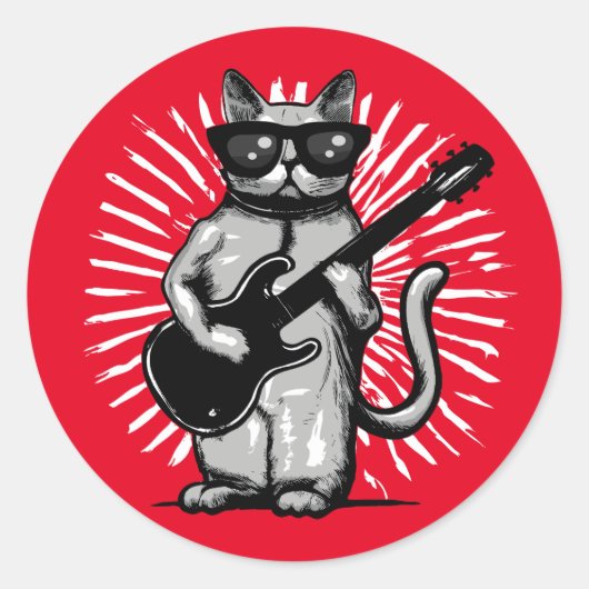 Coole Rock and Roll Cat Gitarre spielen Runder Aufkleber (Vorderseite)