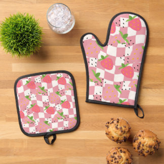 Coole rosa Kitchenette Erdbeeren Gestalt geprüft Ofenhandschuh & Topflappen-Set