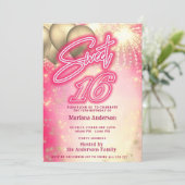 Coole Rosa Neonballon Funkfeuerwerk Einladung (Stehend Vorderseite)